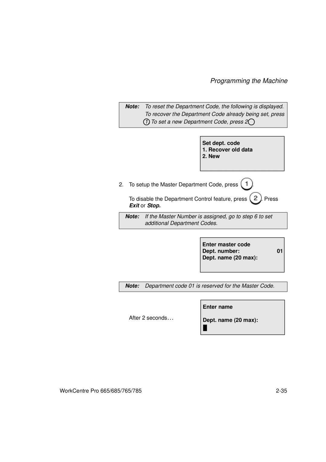 Xerox 785, 765, 665, 685 manual Set dept. code Recover old data New, Enter master code Dept. number01 Dept. name 20 max 