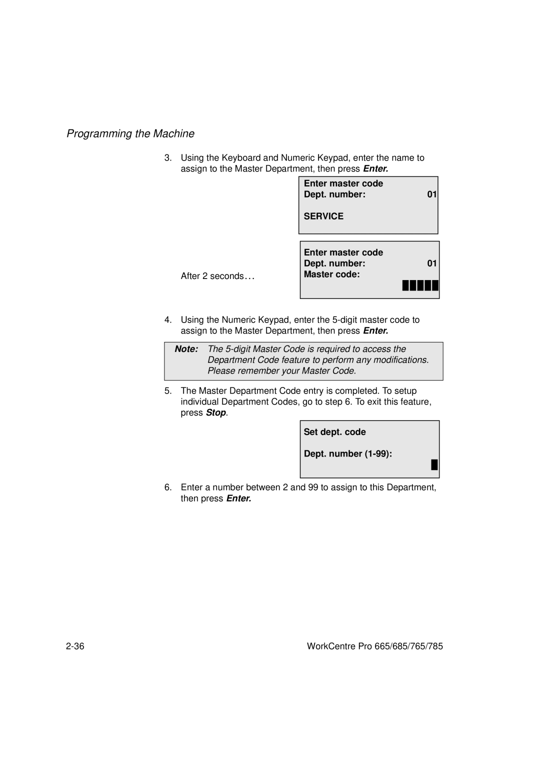 Xerox 765, 665, 685, 785 manual Enter master code Dept. number Master code, Set dept. code Dept. number 