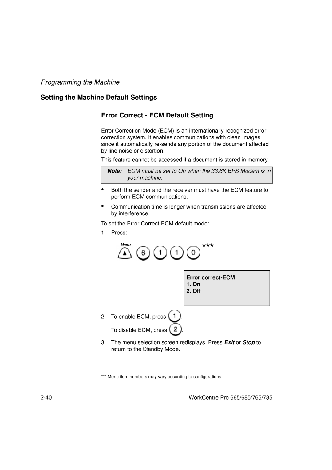 Xerox 765, 665, 685, 785 manual Error correct-ECM 1. On Off 