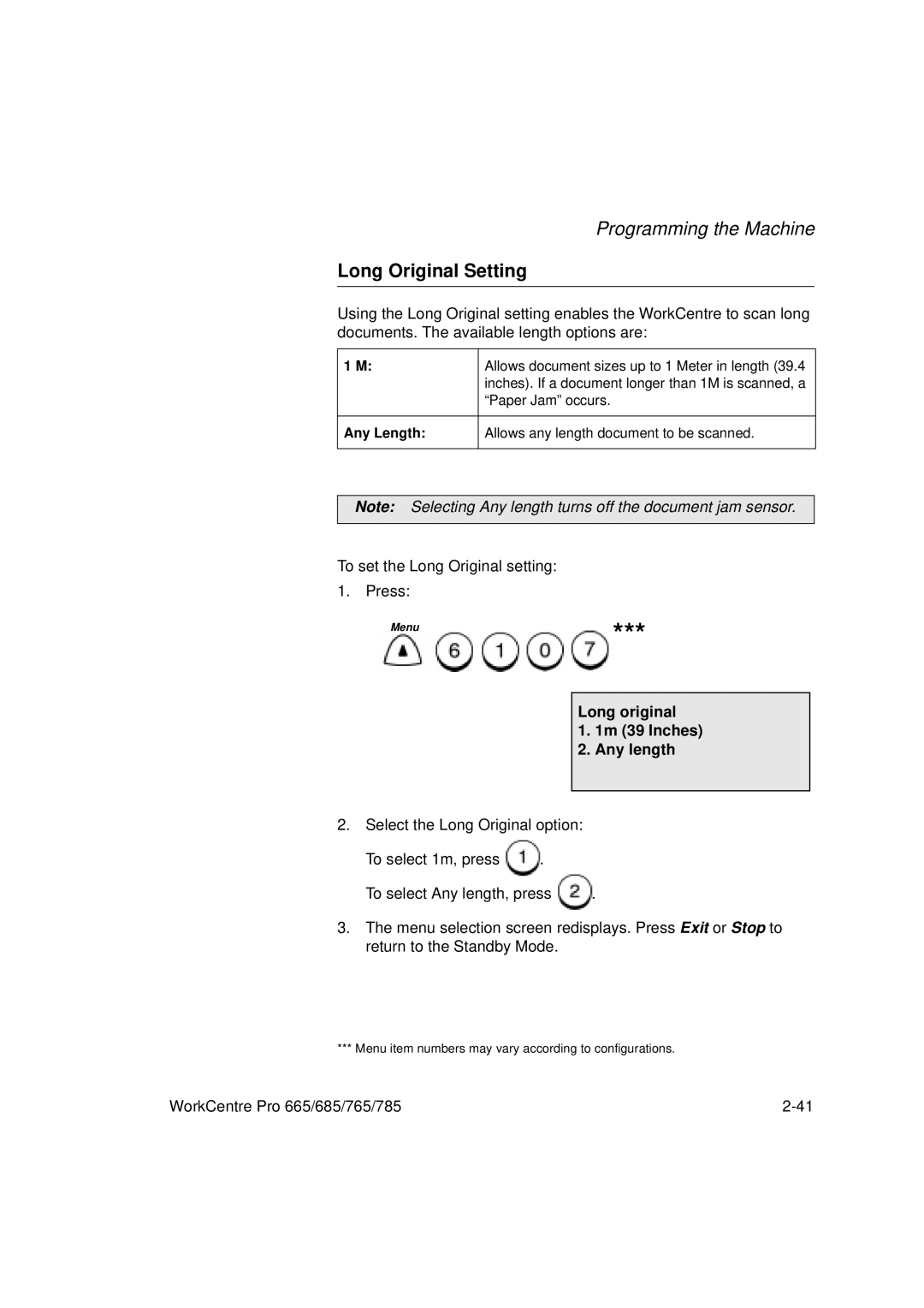 Xerox 665, 765, 685, 785 manual Long Original Setting, Long original 1m 39 Inches Any length 