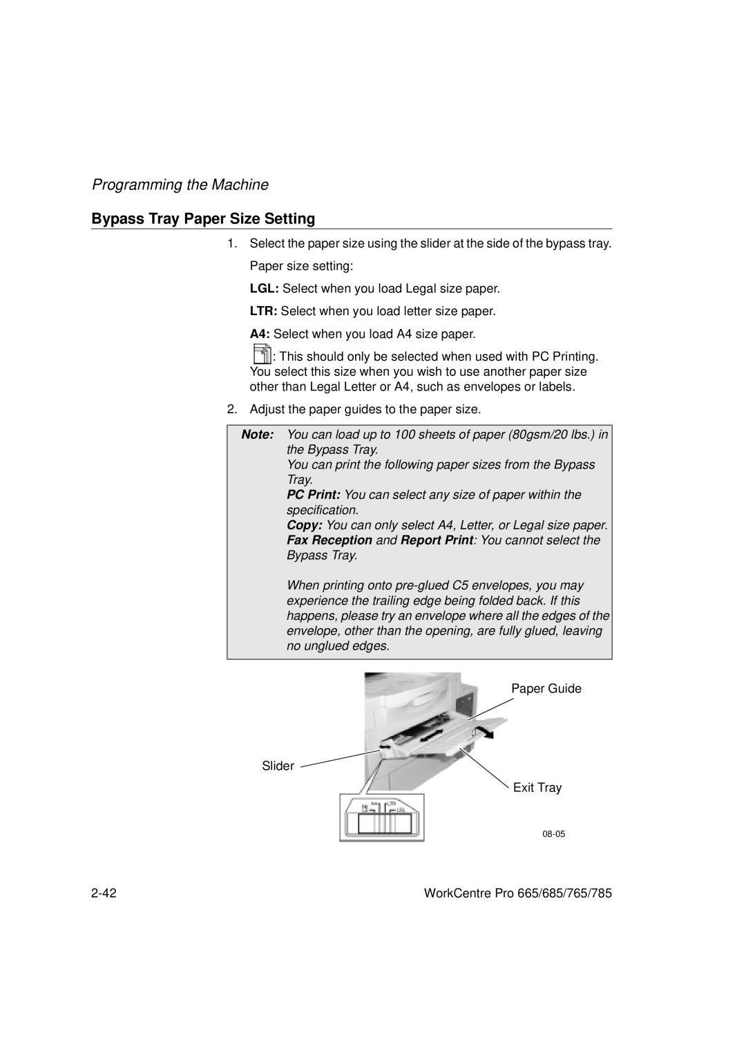 Xerox 685, 765, 665, 785 manual Bypass Tray Paper Size Setting 