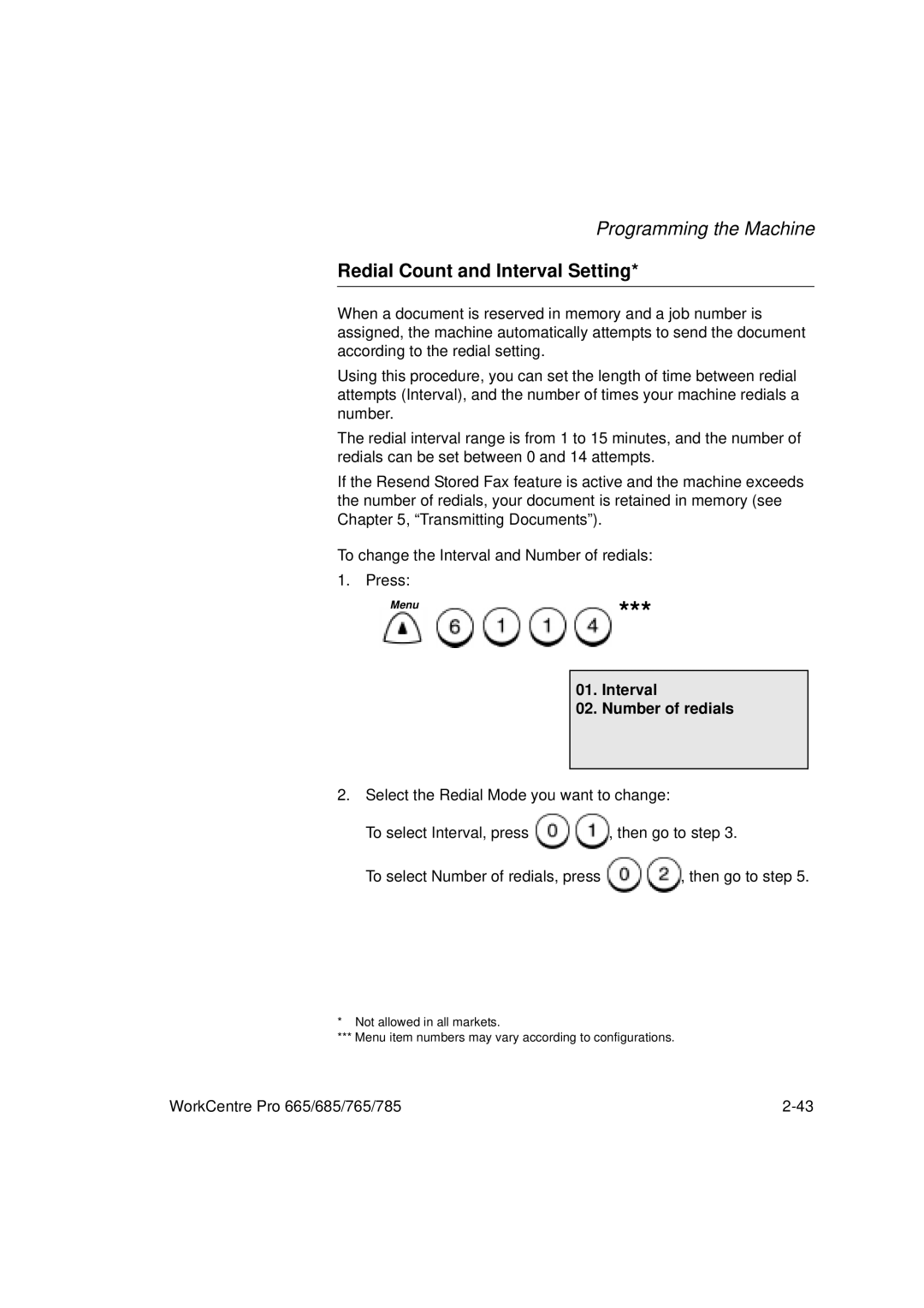 Xerox 785, 765, 665, 685 manual Redial Count and Interval Setting, Interval Number of redials 