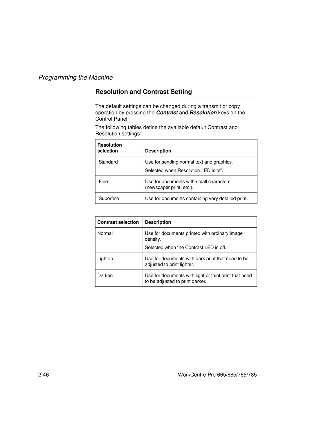 Xerox 685, 765, 665, 785 manual Resolution and Contrast Setting, Resolution Selection Description 