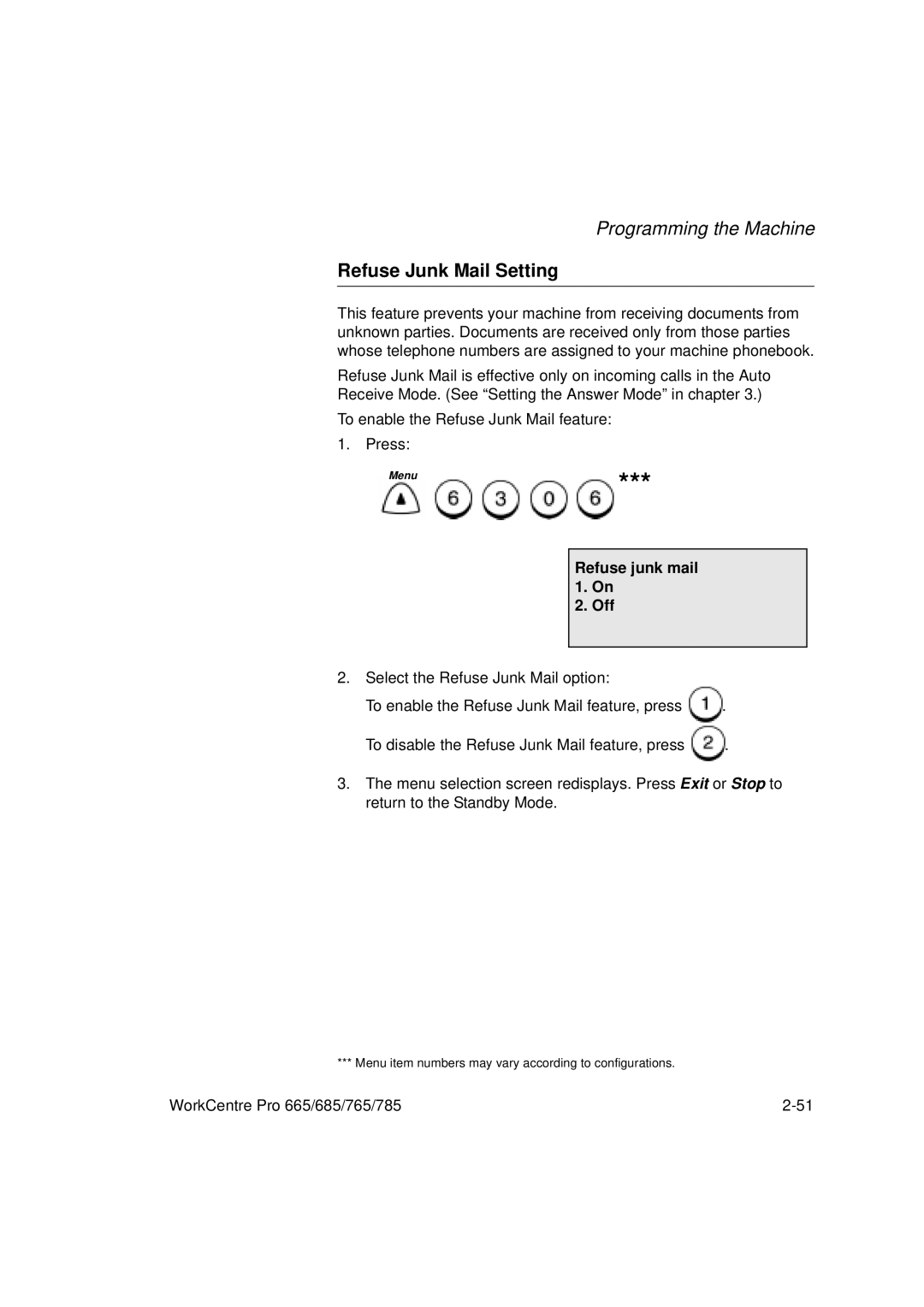 Xerox 785, 765, 665, 685 manual Refuse Junk Mail Setting, Refuse junk mail 1. On Off 