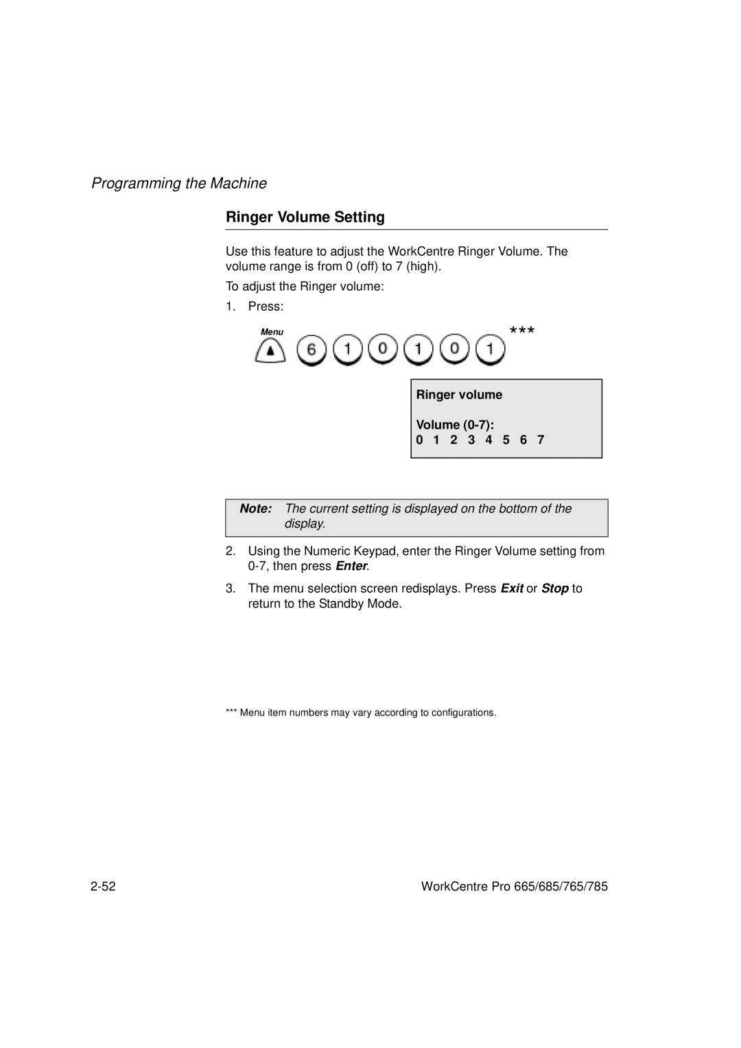 Xerox 765, 665, 685, 785 manual Ringer Volume Setting, Ringer volume Volume 2 3 4 5 6 