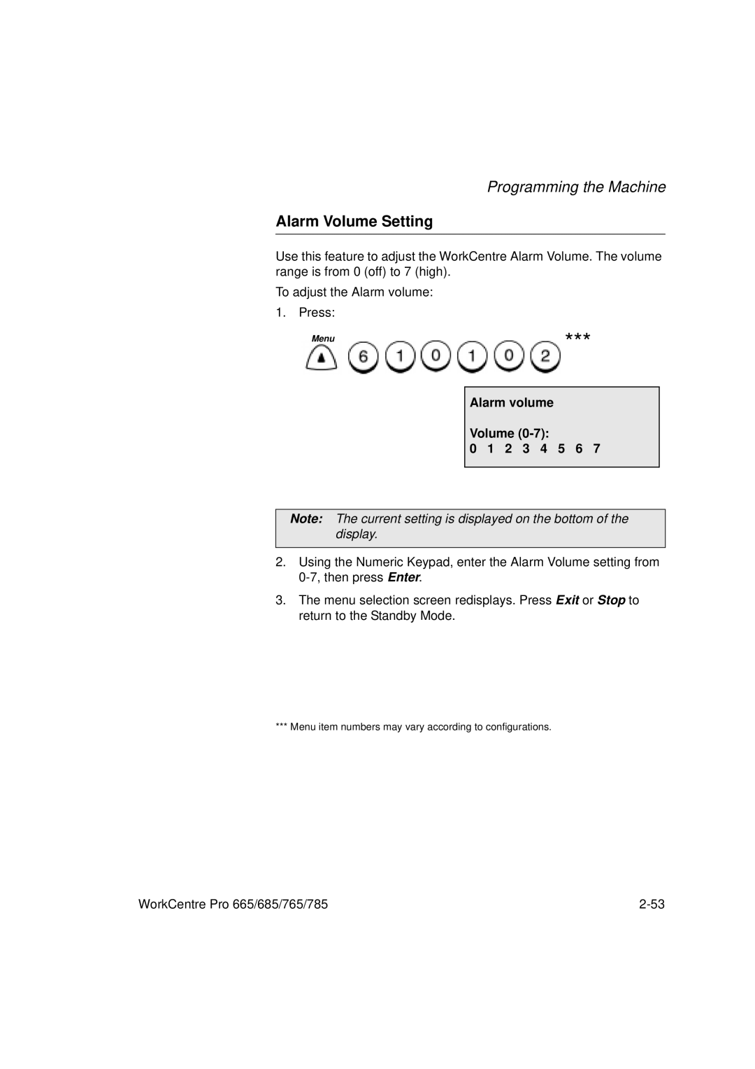 Xerox 665, 765, 685, 785 manual Alarm Volume Setting, Alarm volume Volume 2 3 4 5 6 