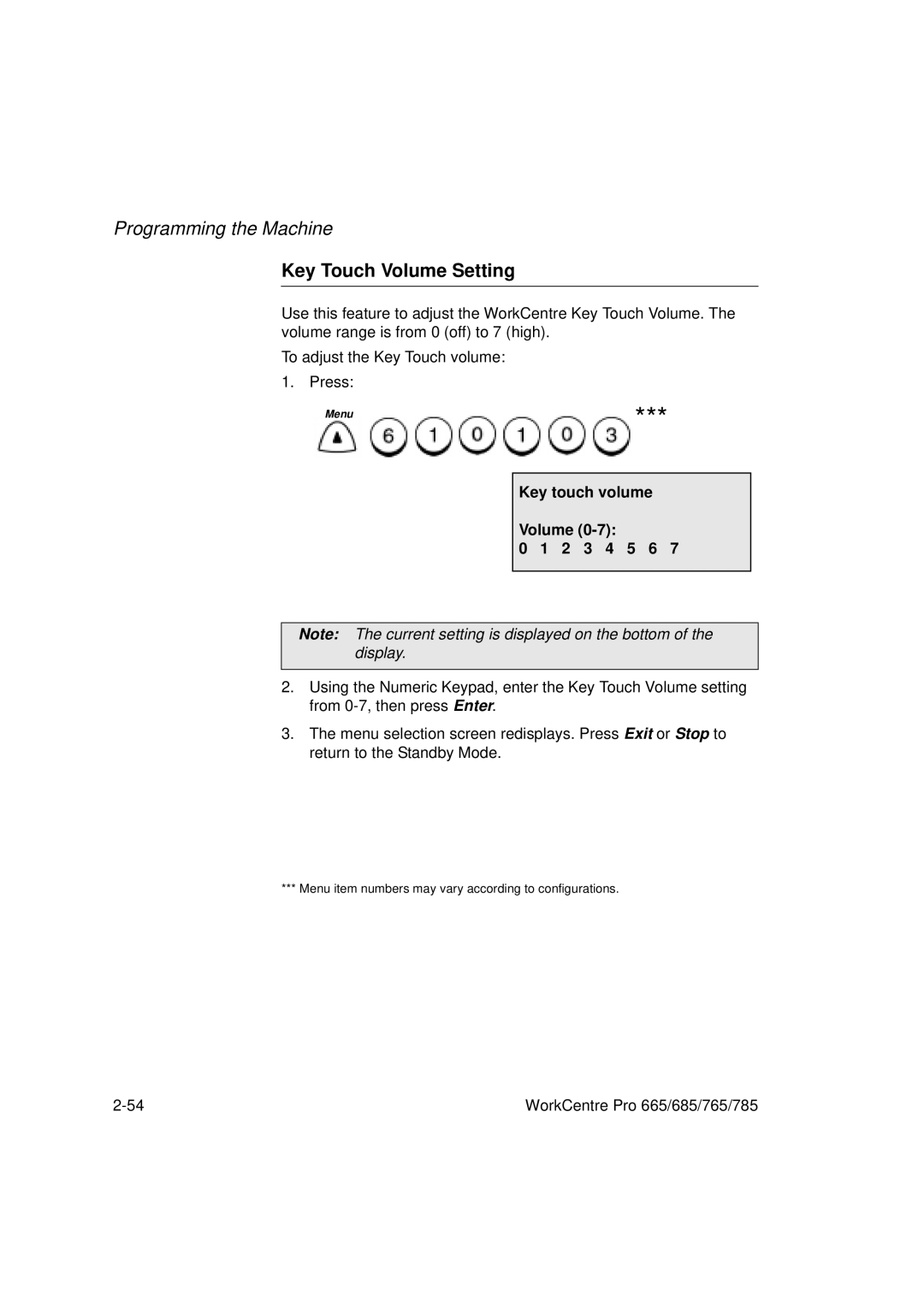 Xerox 685, 765, 665, 785 manual Key Touch Volume Setting, Key touch volume Volume 2 3 4 5 6 