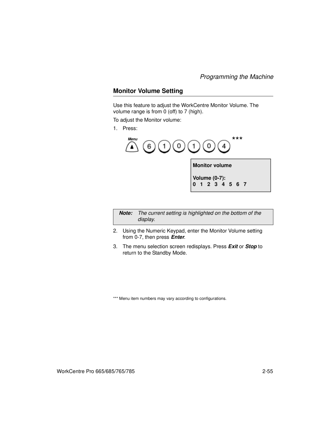 Xerox 785, 765, 665, 685 manual Monitor Volume Setting, Monitor volume Volume 2 3 4 5 6 