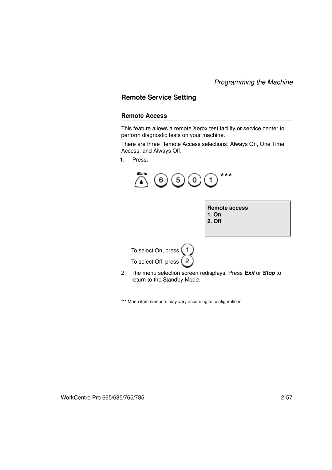 Xerox 665, 765, 685, 785 manual Remote Service Setting, Remote Access, Remote access 1. On Off 