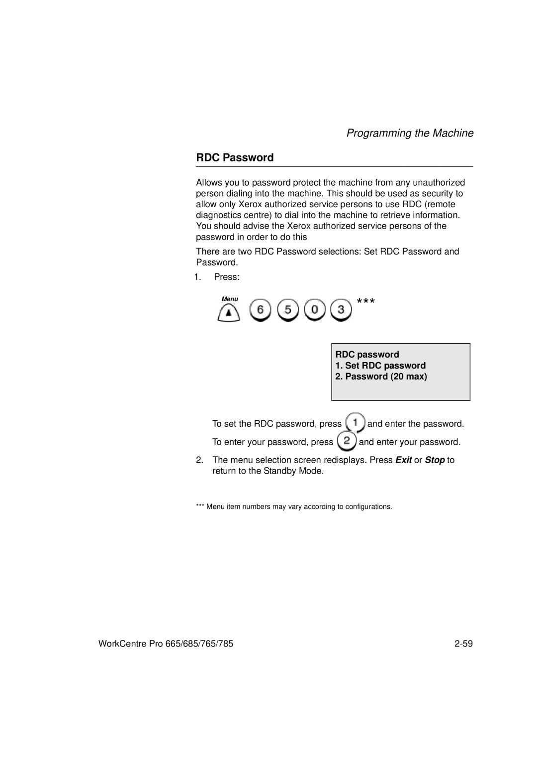 Xerox 785, 765, 665, 685 manual RDC Password, RDC password Set RDC password Password 20 max 