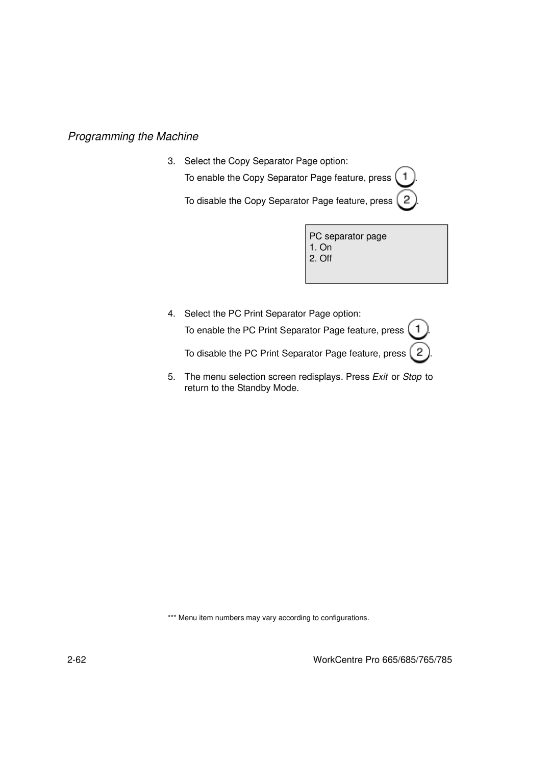 Xerox 685, 765, 665, 785 manual PC separator page 1. On Off 