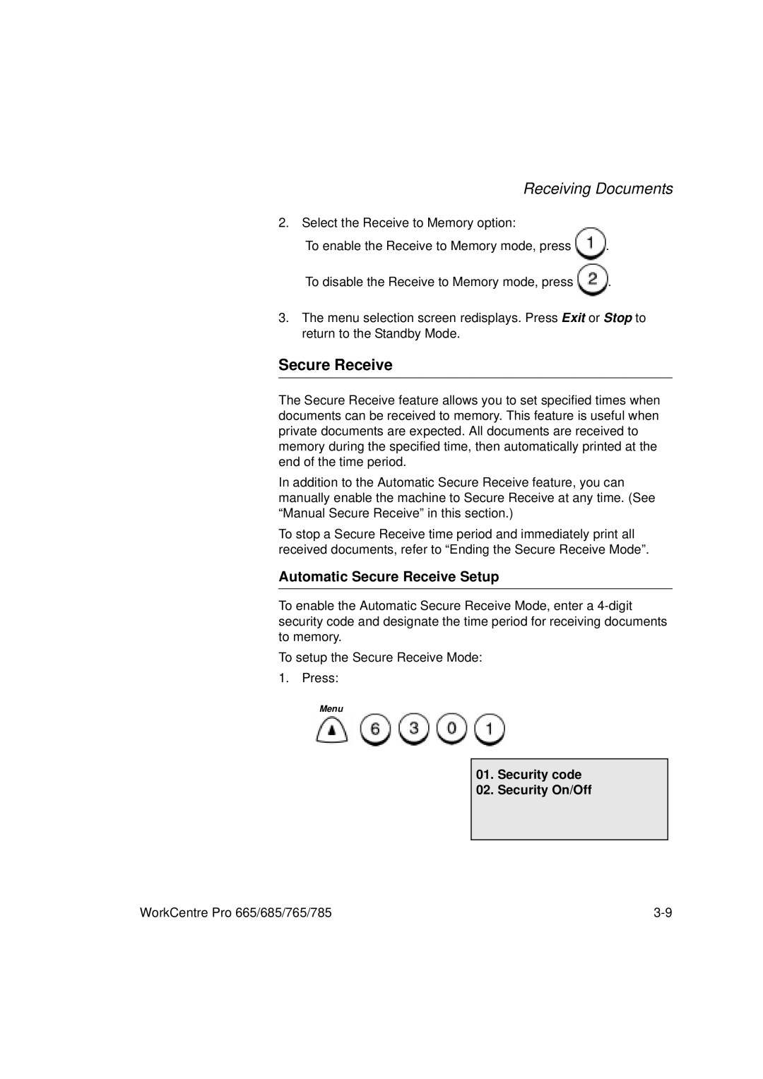 Xerox 665, 765, 685, 785 manual Automatic Secure Receive Setup, Security code Security On/Off 