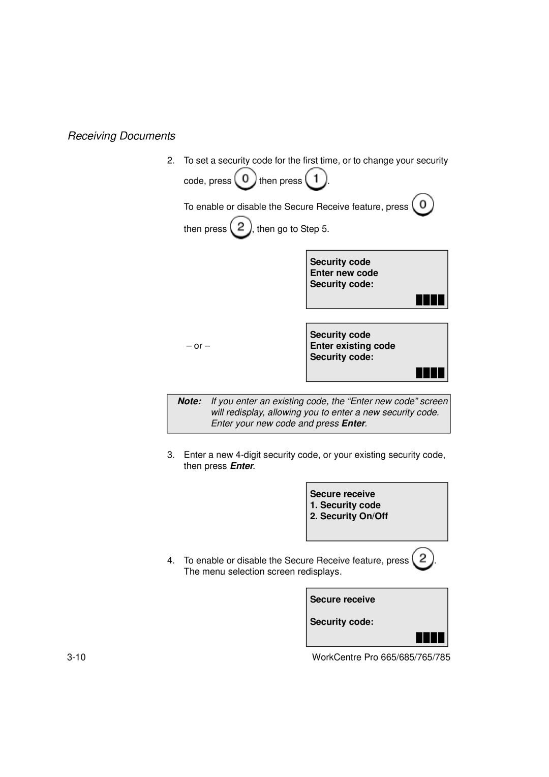 Xerox 685, 765, 665, 785 manual Secure receive Security code Security On/Off 