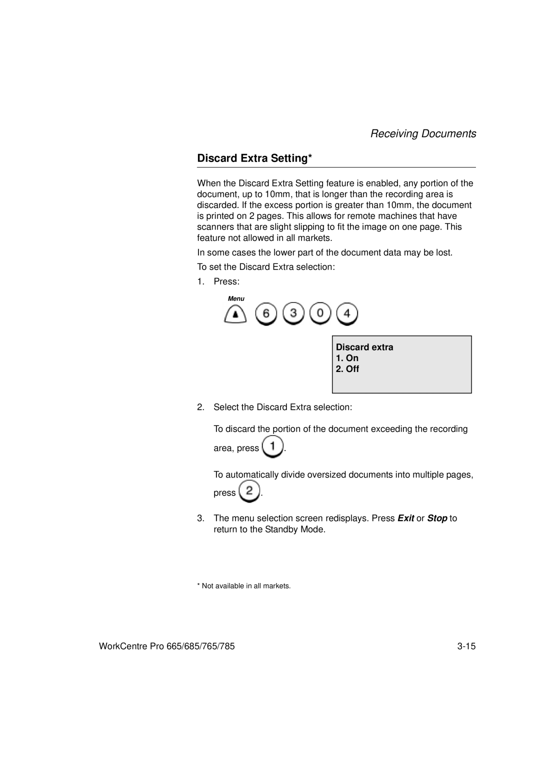 Xerox 785, 765, 665, 685 manual Discard Extra Setting, Discard extra 1. On Off 