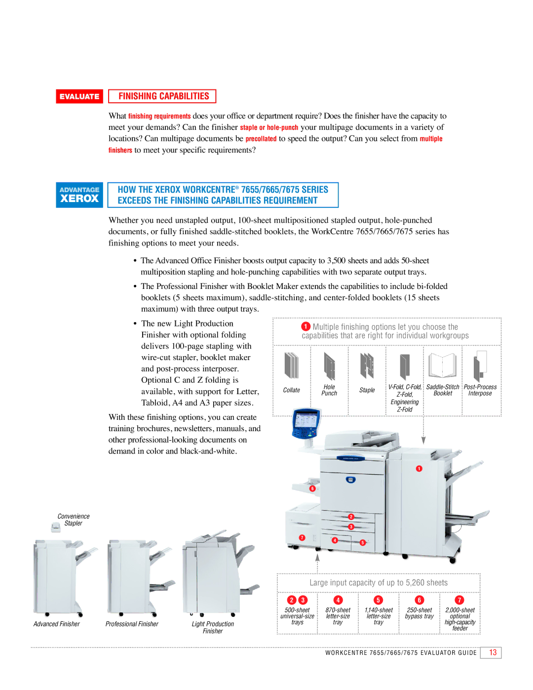 Xerox 7655, 7665, 7675 manual Finishing Capabilities, Large input capacity of up to 5,260 sheets 