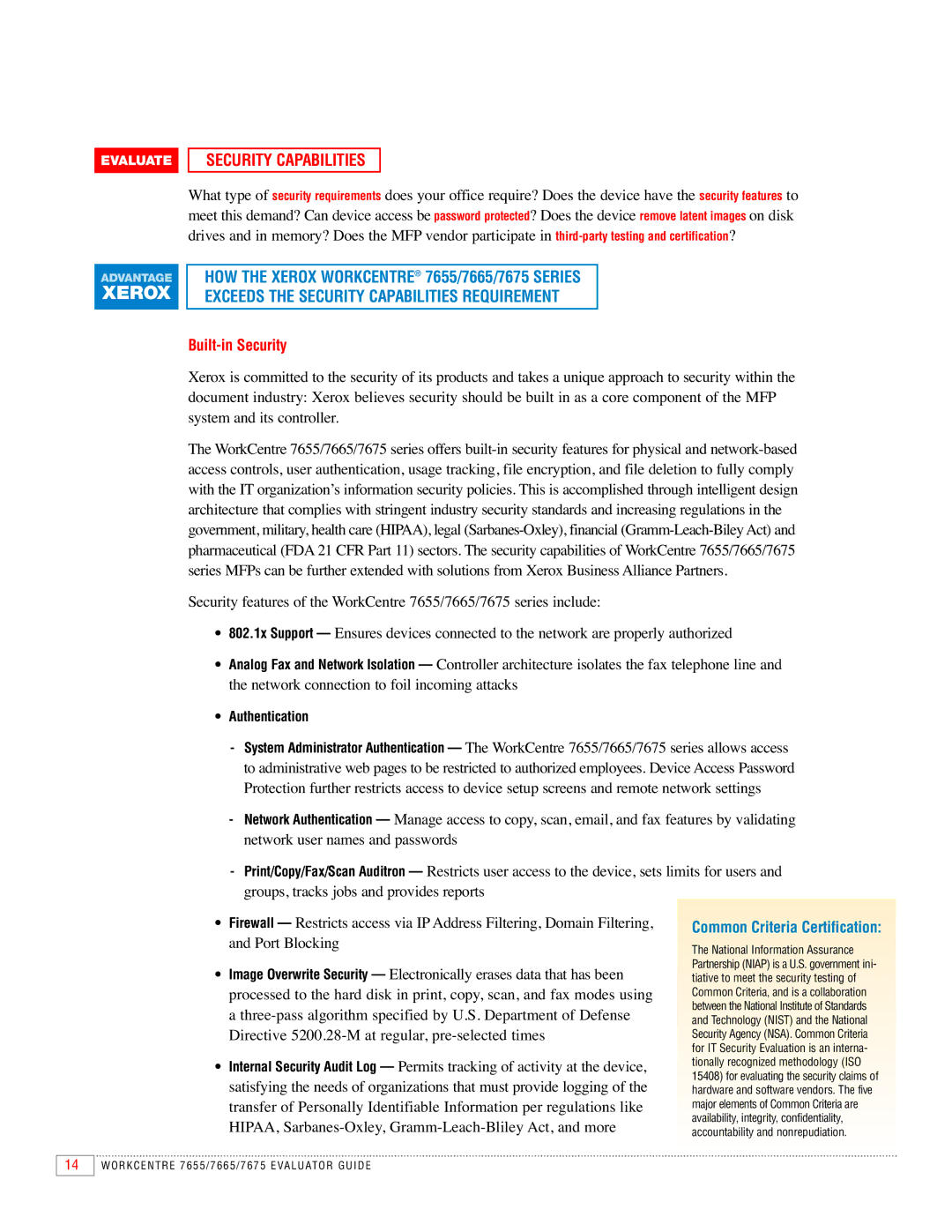 Xerox 7655, 7665, 7675 manual Security Capabilities, Built-in Security 