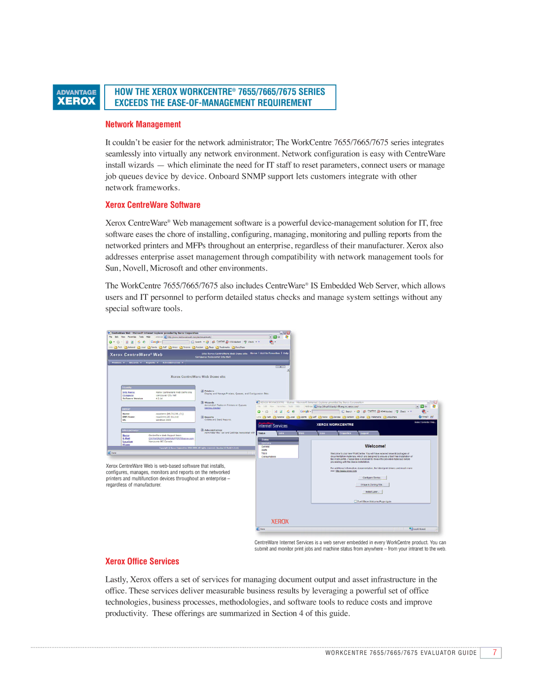 Xerox 7655, 7665, 7675 manual Network Management, Xerox CentreWare Software, Xerox Office Services 