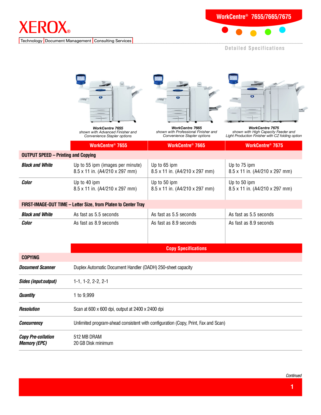 Xerox specifications WorkCentre 7655/7665/7675, WorkCentreWorkCentre 7655, OUTPUT SPEED – Printingp and cCopying 