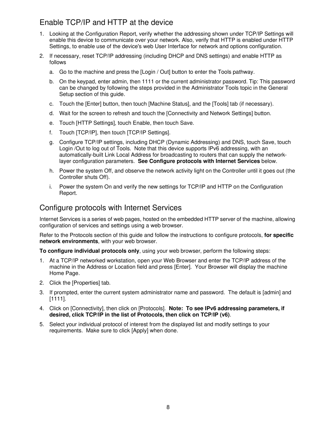 Xerox 7675, 7665, 7655 manual Enable TCP/IP and Http at the device, Configure protocols with Internet Services 