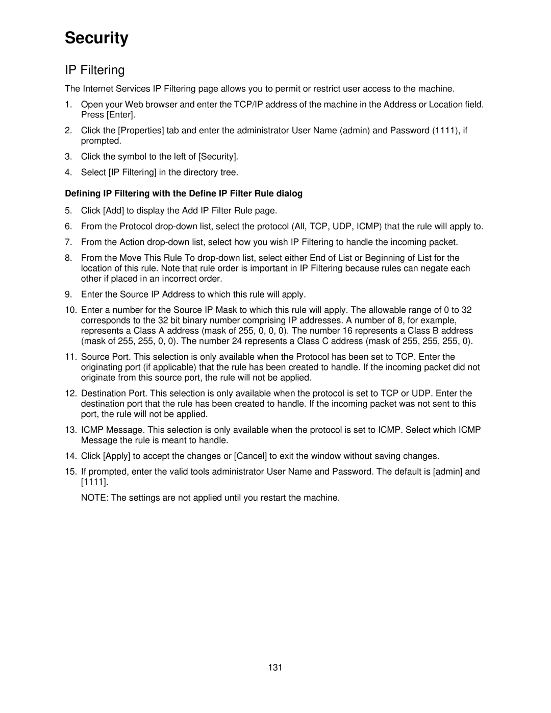 Xerox 7675, 7665, 7655 manual Defining IP Filtering with the Define IP Filter Rule dialog 