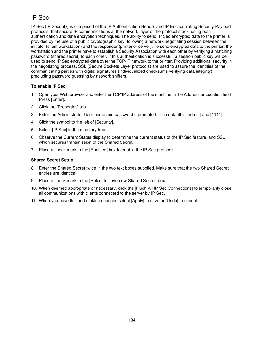 Xerox 7675, 7665, 7655 manual To enable IP Sec, Shared Secret Setup 