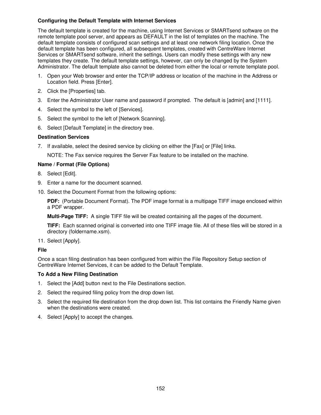 Xerox 7675, 7665 Configuring the Default Template with Internet Services, Destination Services, Name / Format File Options 