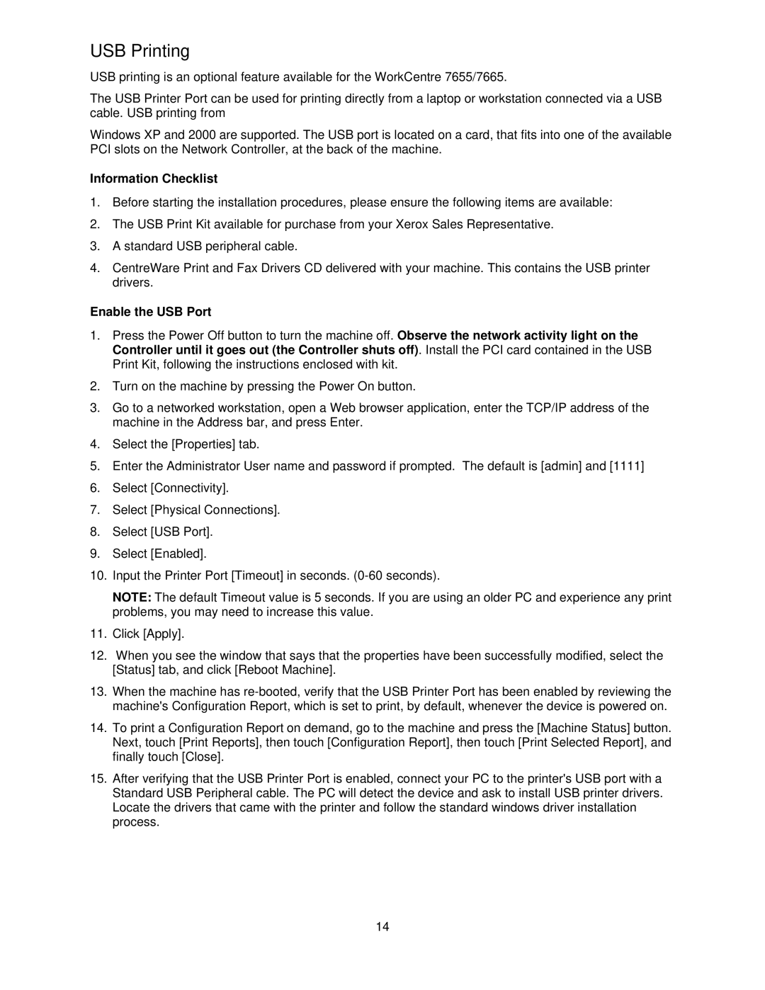 Xerox 7675, 7665, 7655 manual USB Printing, Information Checklist, Enable the USB Port 