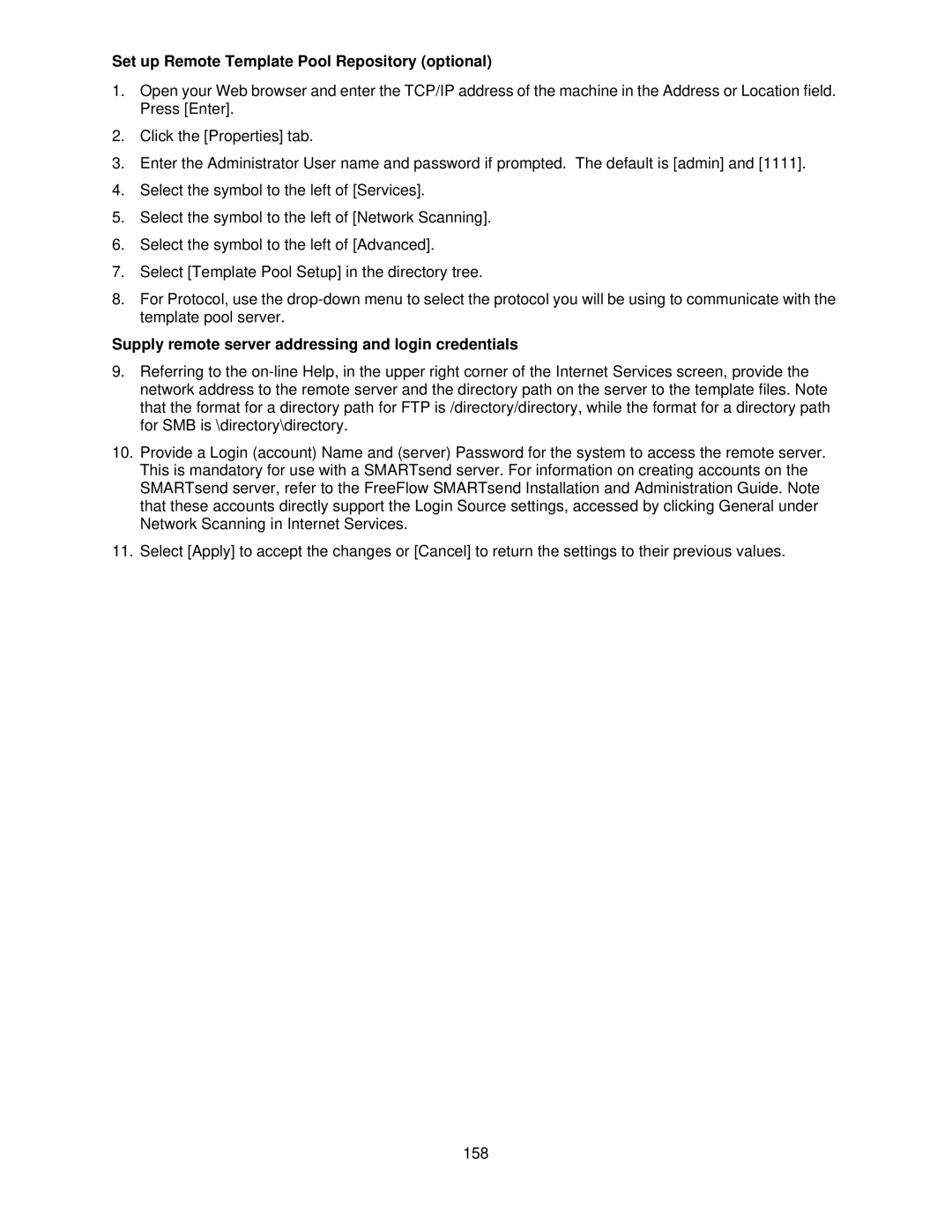 Xerox 7675, 7665 Set up Remote Template Pool Repository optional, Supply remote server addressing and login credentials 