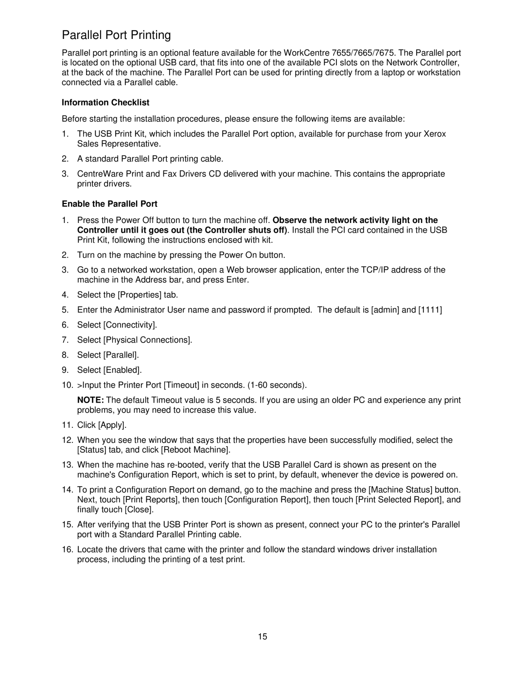 Xerox 7655, 7665, 7675 manual Parallel Port Printing, Enable the Parallel Port 