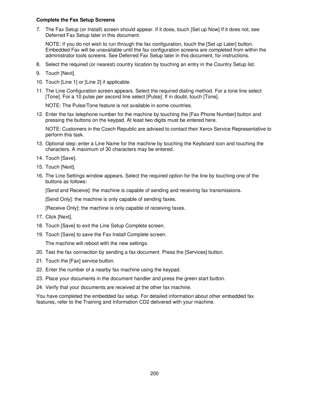 Xerox 7675, 7665, 7655 manual Complete the Fax Setup Screens 