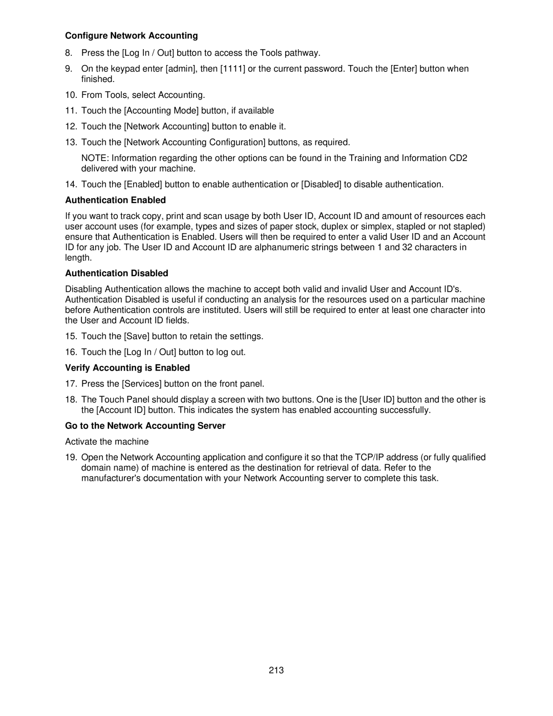 Xerox 7655 Configure Network Accounting, Authentication Enabled, Authentication Disabled, Verify Accounting is Enabled 