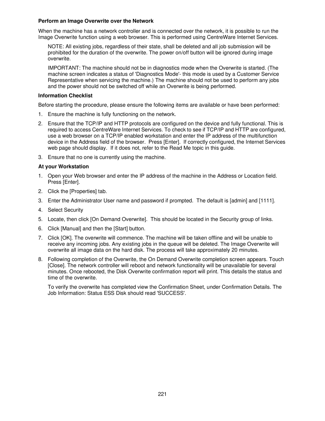 Xerox 7675, 7665, 7655 manual Perform an Image Overwrite over the Network, Information Checklist 