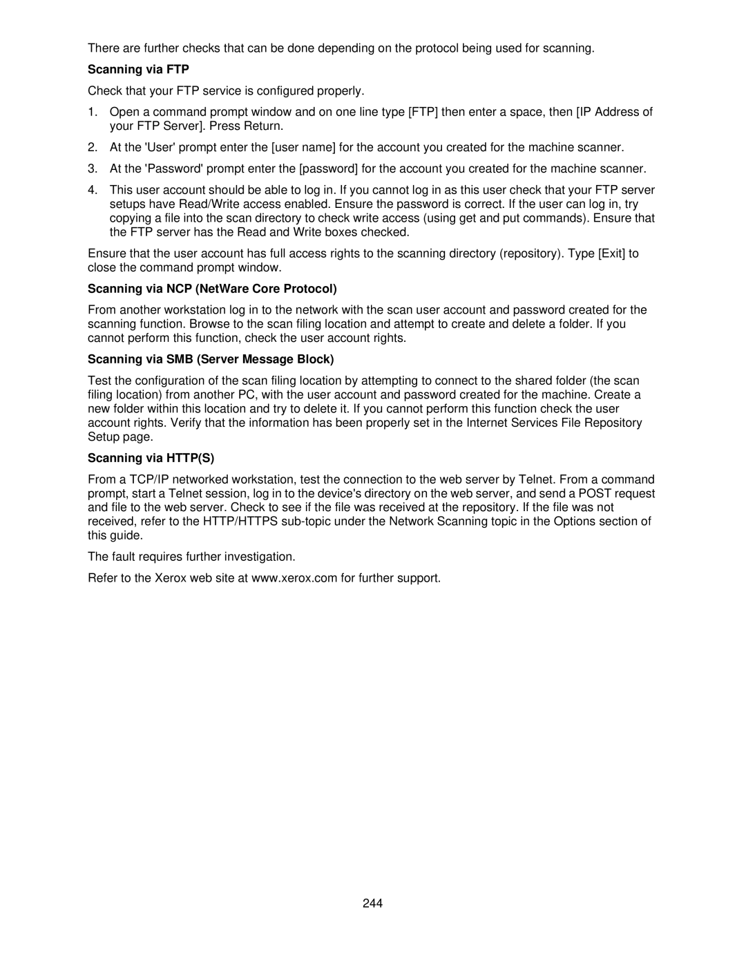 Xerox 7665, 7675, 7655 manual Scanning via FTP, Scanning via NCP NetWare Core Protocol, Scanning via SMB Server Message Block 