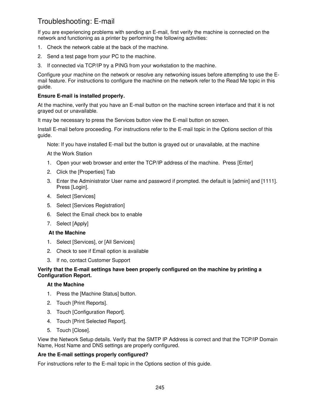 Xerox 7675, 7665 Troubleshooting E-mail, Ensure E-mail is installed properly, Are the E-mail settings properly configured? 