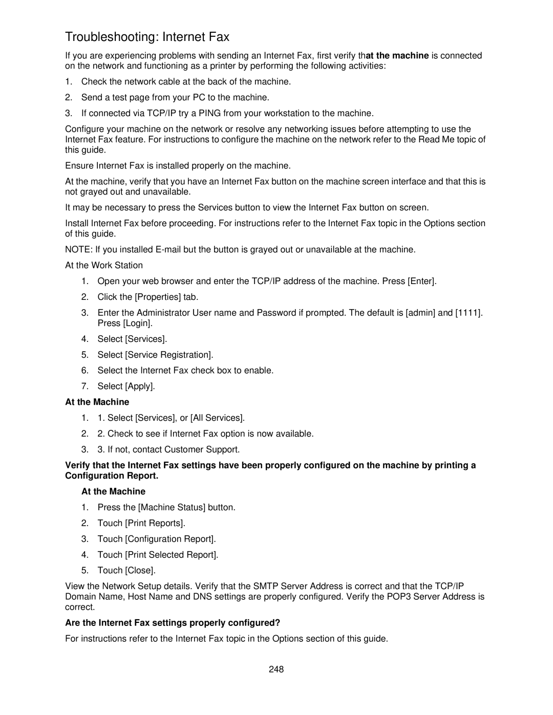 Xerox 7675, 7665, 7655 manual Troubleshooting Internet Fax, Are the Internet Fax settings properly configured? 