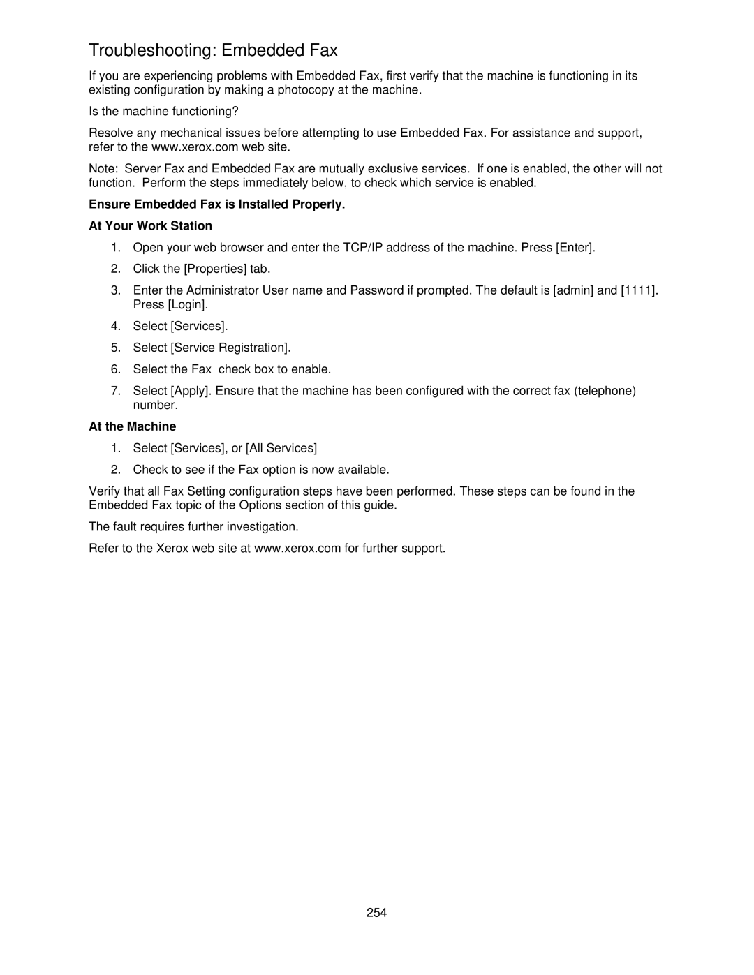 Xerox 7675, 7665, 7655 manual Troubleshooting Embedded Fax, At the Machine 