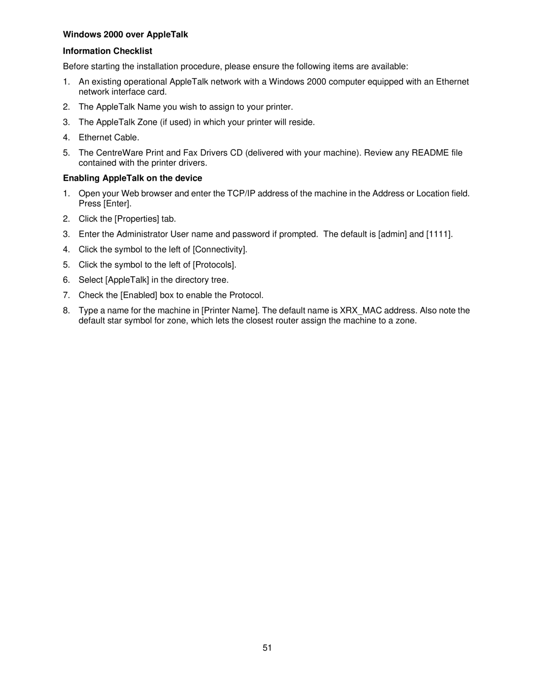 Xerox 7655, 7665, 7675 manual Windows 2000 over AppleTalk Information Checklist, Enabling AppleTalk on the device 