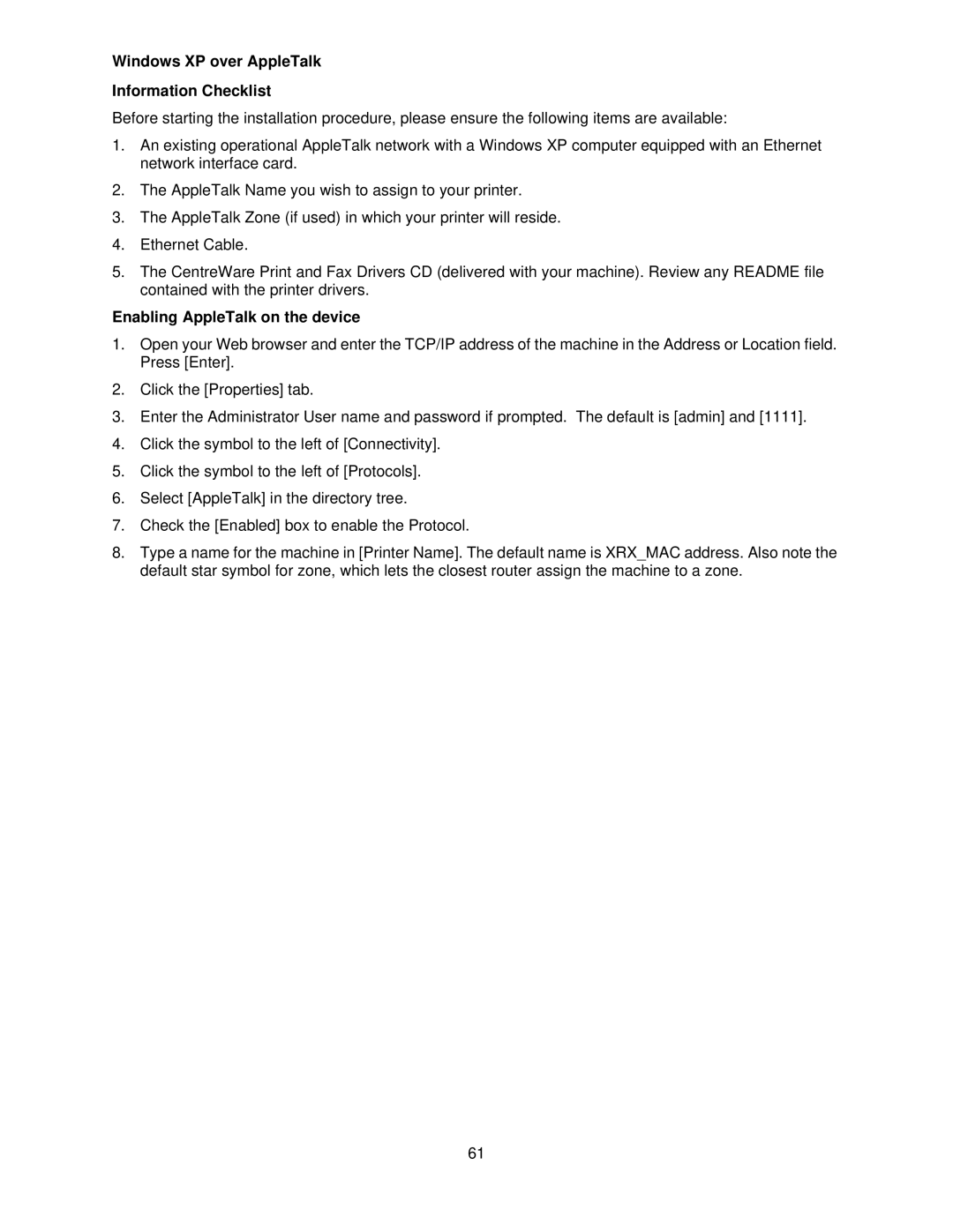 Xerox 7665, 7675, 7655 manual Windows XP over AppleTalk Information Checklist, Enabling AppleTalk on the device 