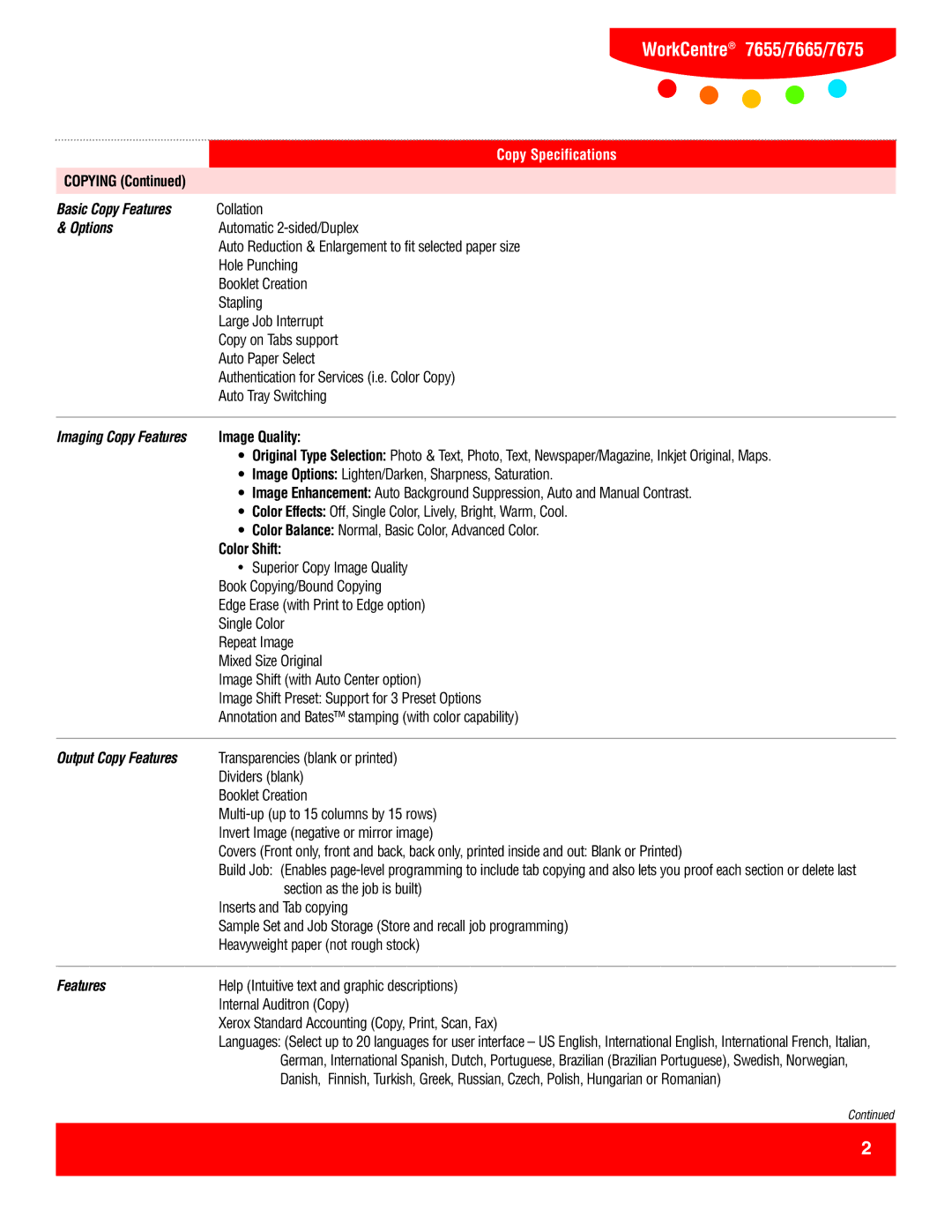 Xerox 7655, 7665, 7675 specifications Basic Copy Features, Options, Output Copy Features 