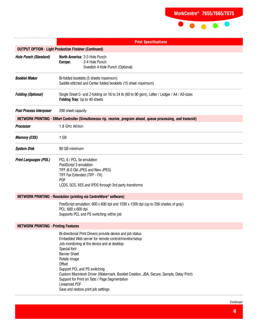 Xerox 7665 Folding Optional, Processor, Memory ESS System Disk, Print Languages PDL, Network Printing Printing Features 