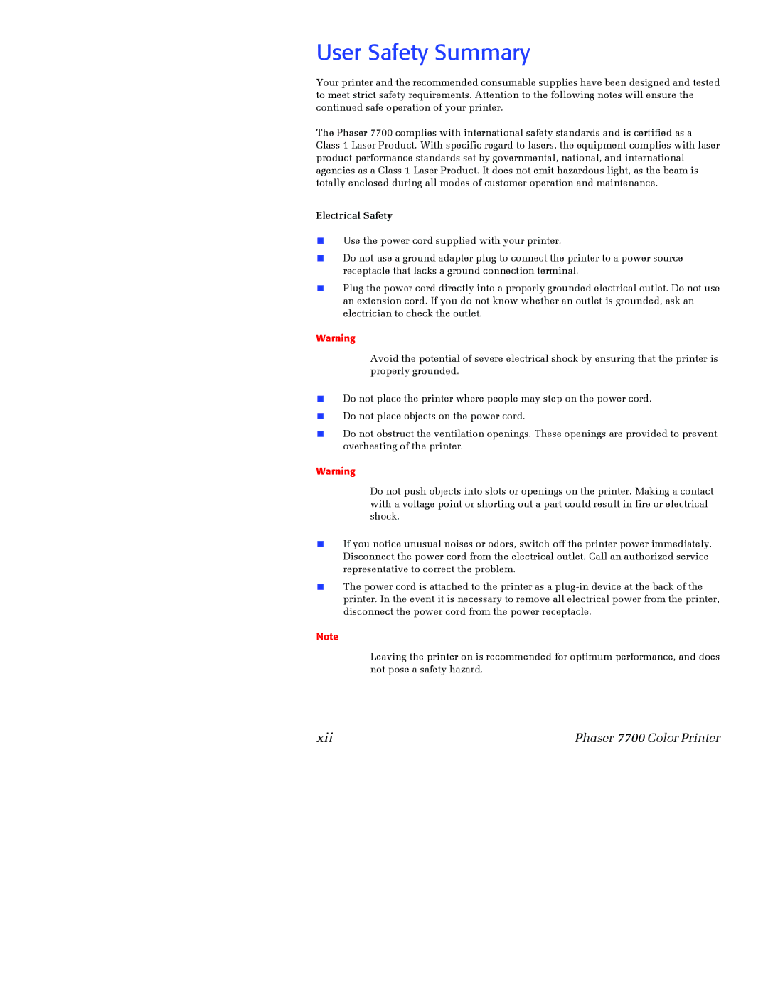 Xerox 7700 manual User Safety Summary, Electrical Safety 