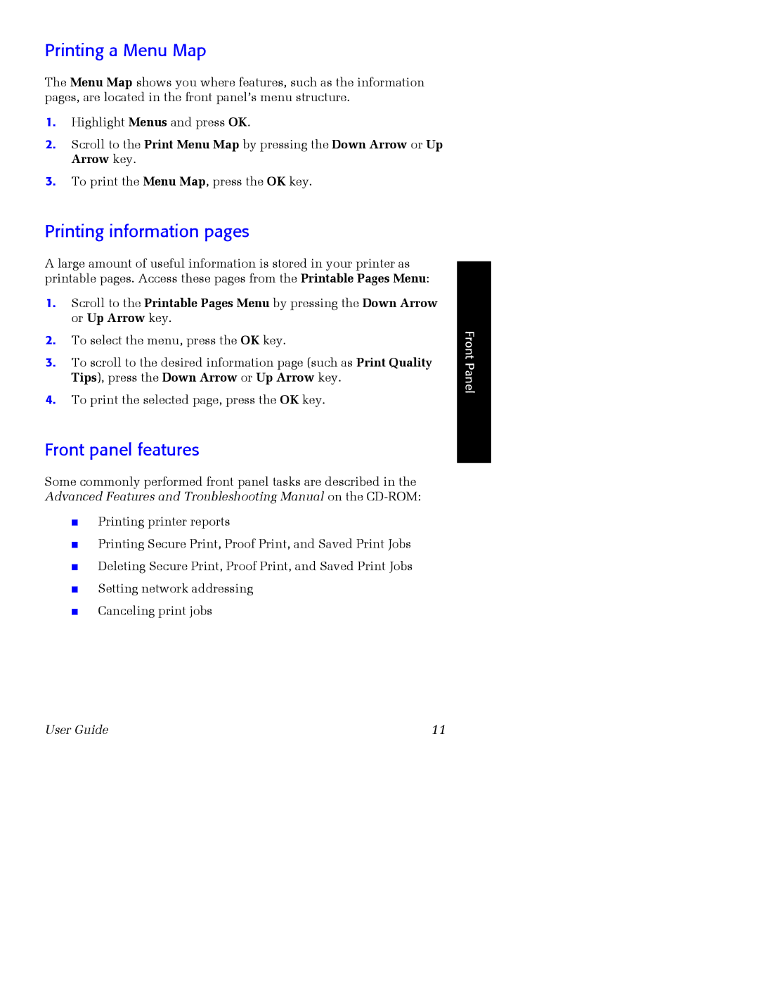 Xerox 7700 manual Printing a Menu Map, Printing information pages, Front panel features 