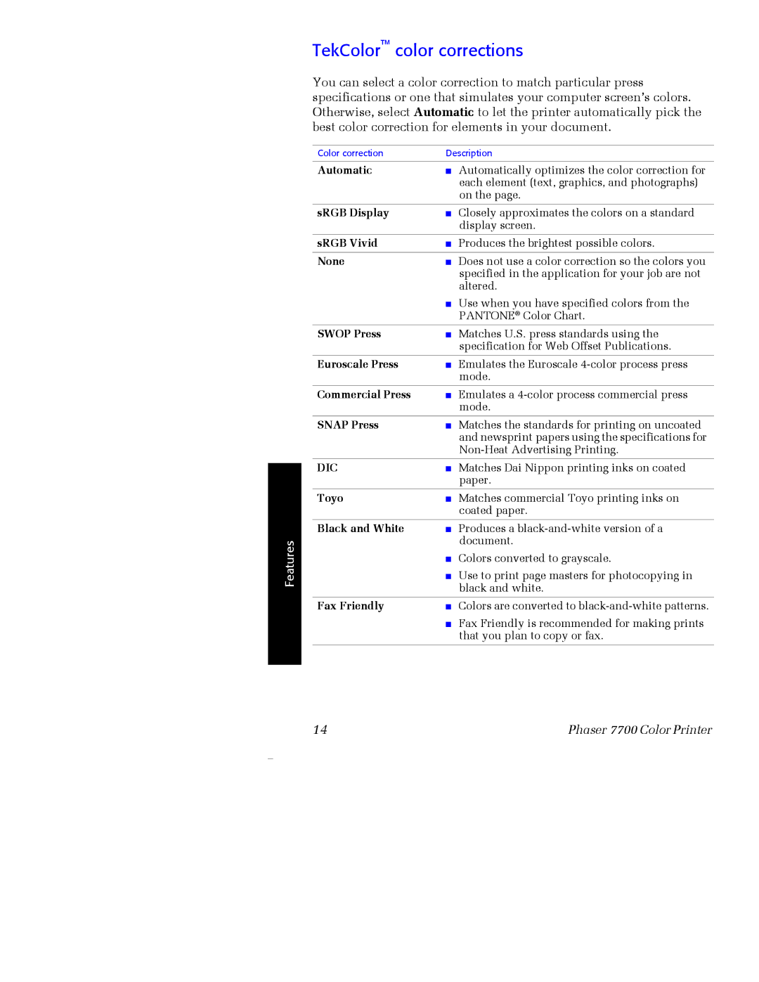 Xerox 7700 manual TekColor color corrections, Automatic 