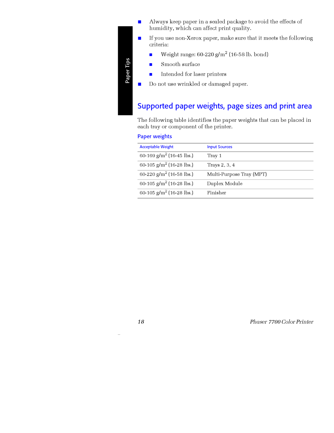 Xerox 7700 manual Supported paper weights, page sizes and print area, Paper weights 