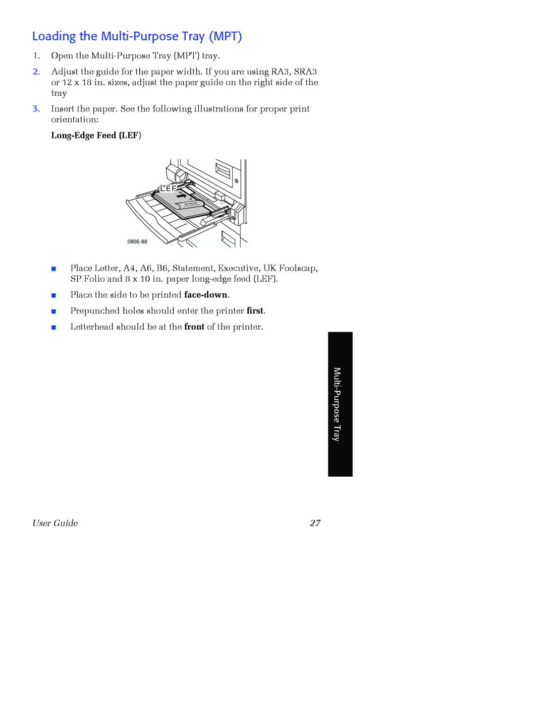 Xerox 7700 manual Loading the Multi-Purpose Tray MPT 