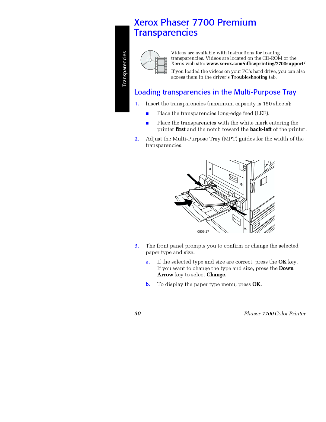 Xerox manual Xerox Phaser 7700 Premium Transparencies, Loading transparencies in the Multi-Purpose Tray 