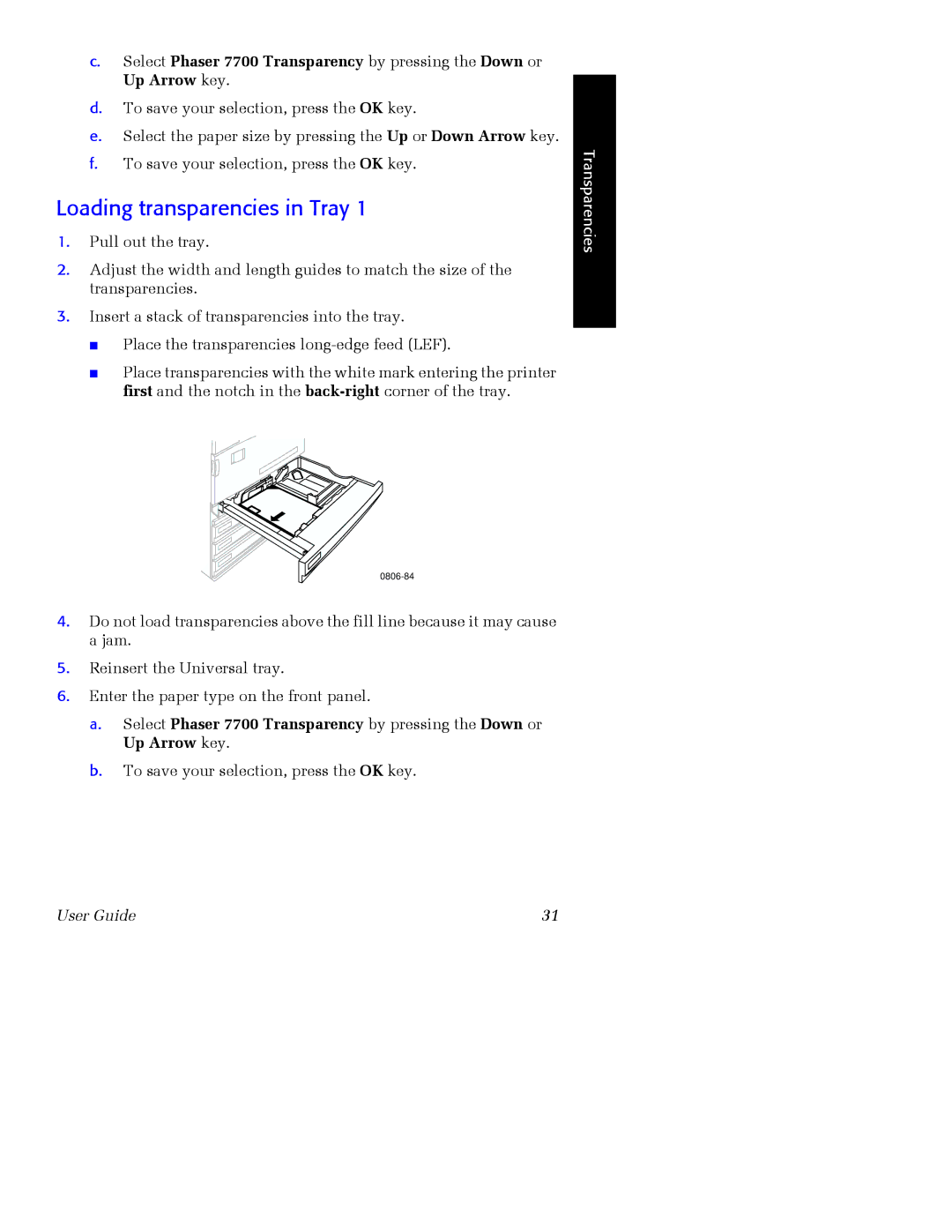 Xerox 7700 manual Loading transparencies in Tray 