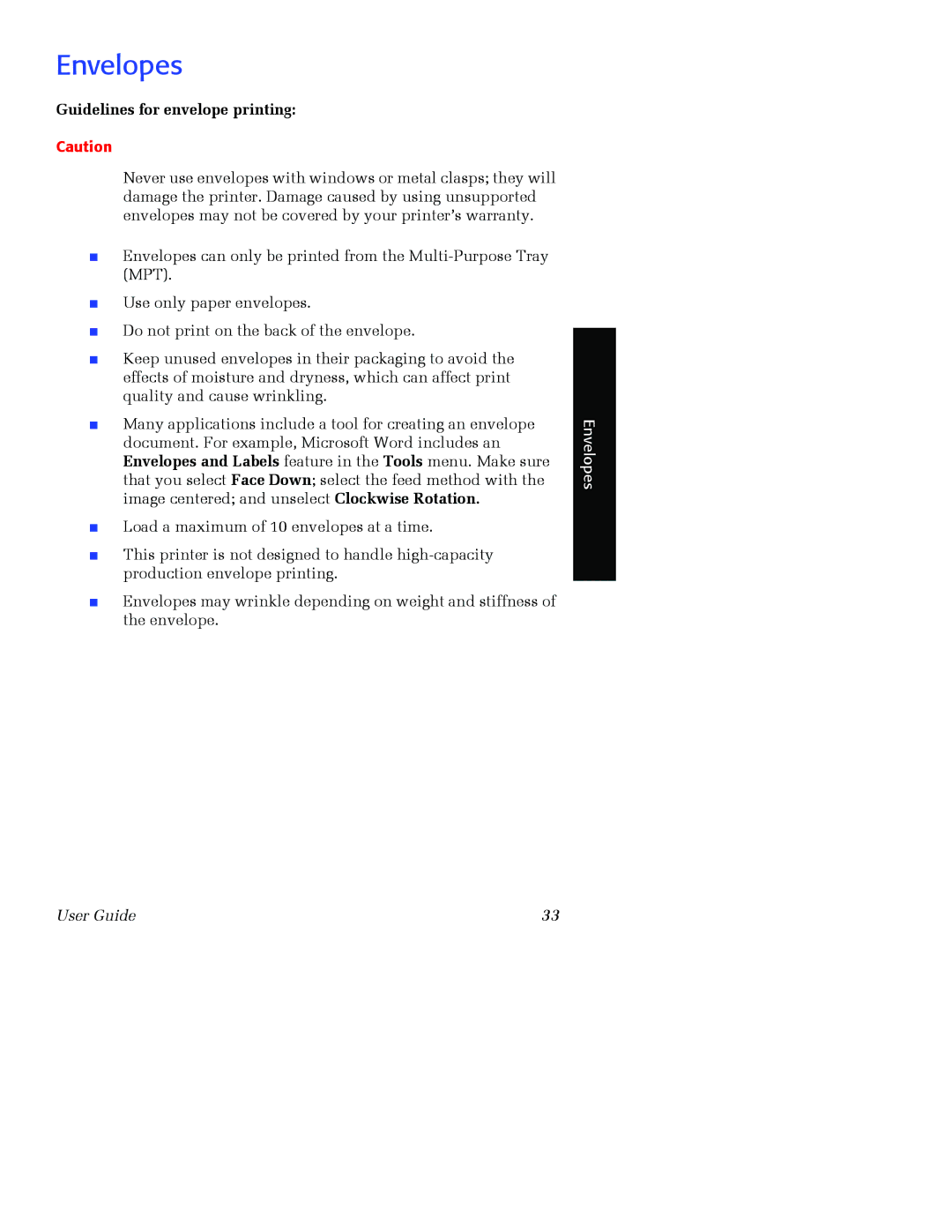 Xerox 7700 manual Envelopes, Guidelines for envelope printing 