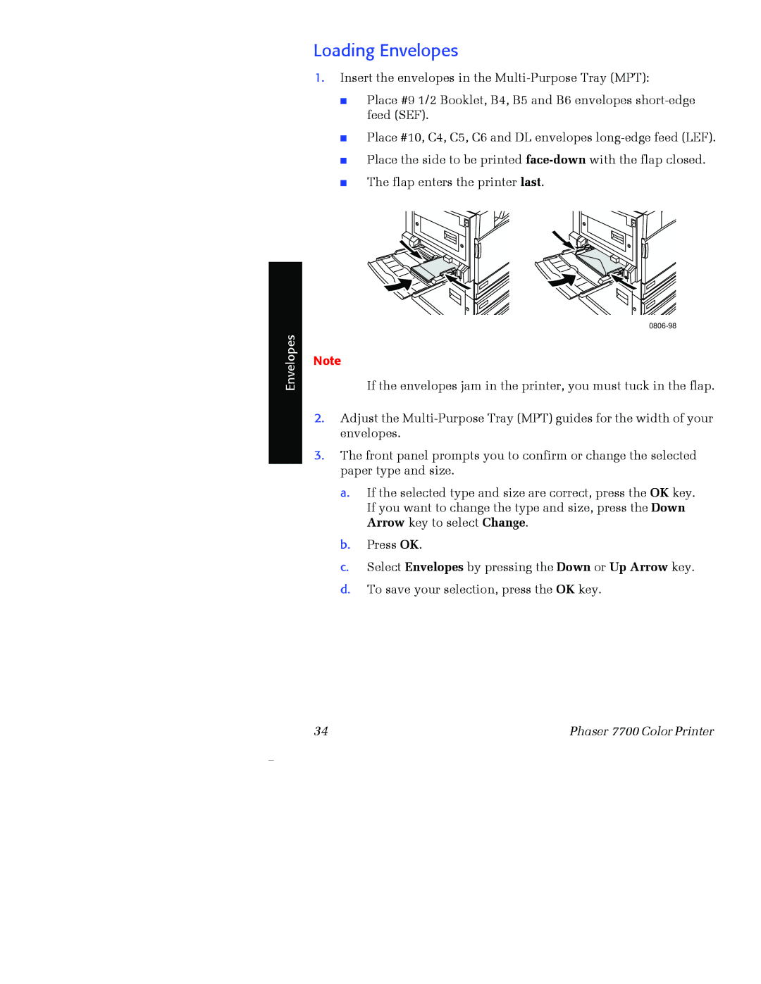 Xerox 7700 manual Loading Envelopes 