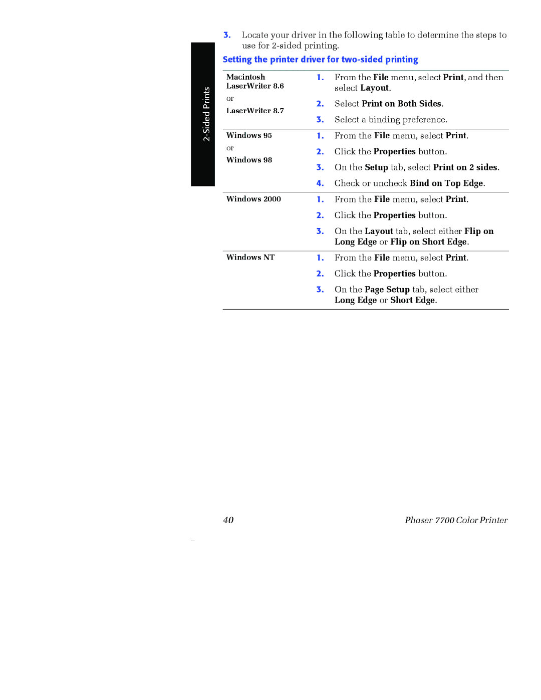 Xerox 7700 manual Setting the printer driver for two-sided printing 